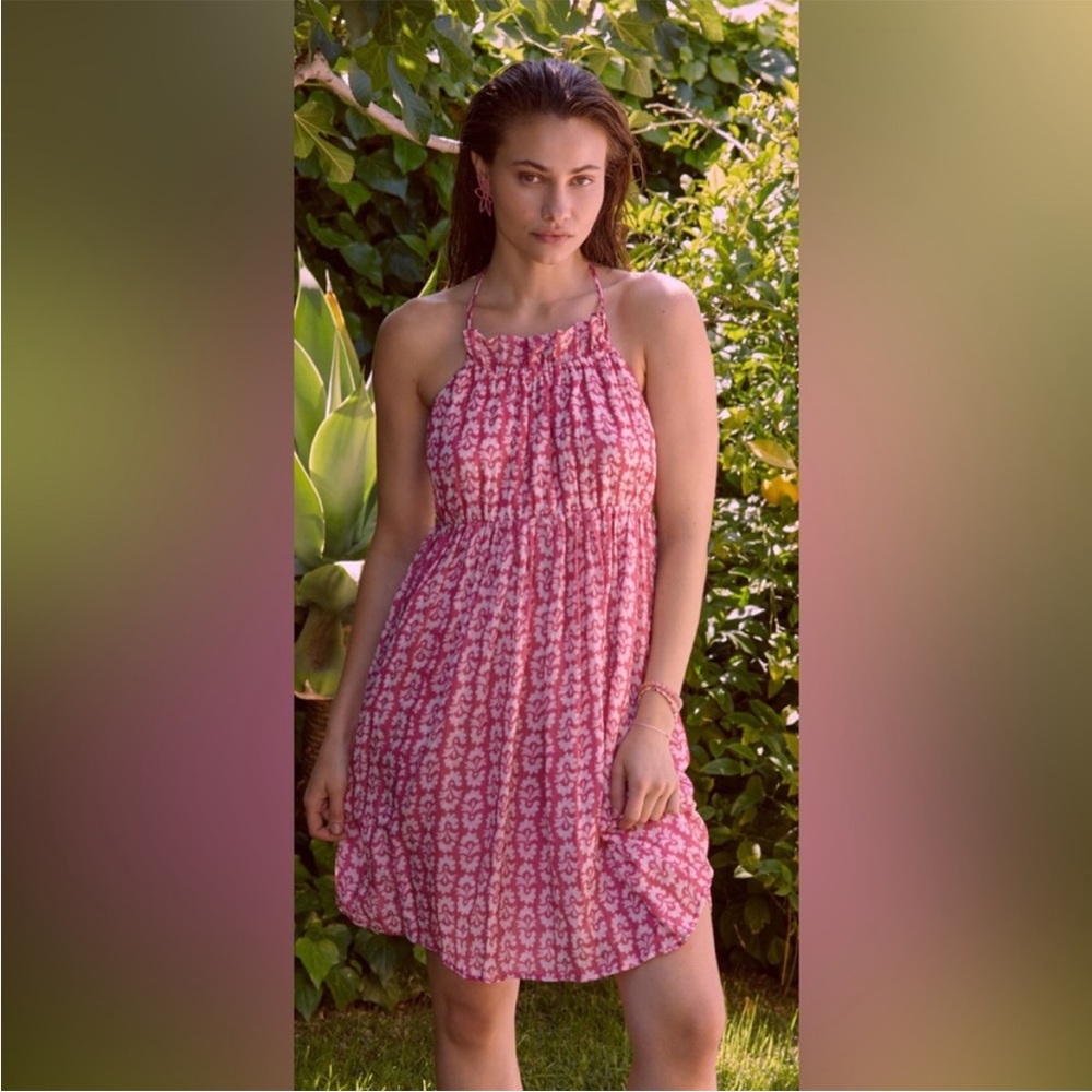 Anthropologie Gauze Cotton Strappy Halter Dress Pink White NWT Large L Spring